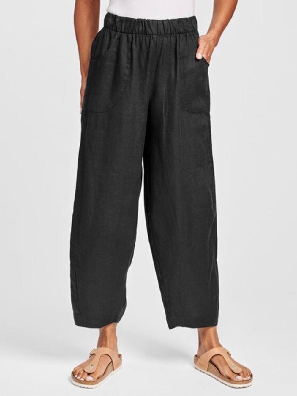 FLAX The Seamly Pant Barrel Leg Linen Pant in Black - 1G